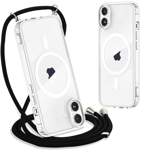 Yoedge Handyband für iPhone 16 Hülle mit Band 6,1, Transparente Magnetisch Handyhülle [Kompatibel mit Magsafe], Schlank Dünn Silikon TPU Stoßfest Schutzhülle mit Kordel zum Umhängen, Schwarz