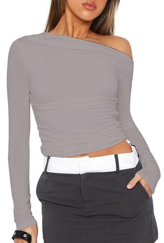YILEEGOO Women Sexy Sleeveless One Shoulder Crop Tank Tops Ruched Tight Slim Fitted Workout Y2K Vest Top Trendy Cami Going Out Tops (Z1 Long Sleeve Light Gray, M)