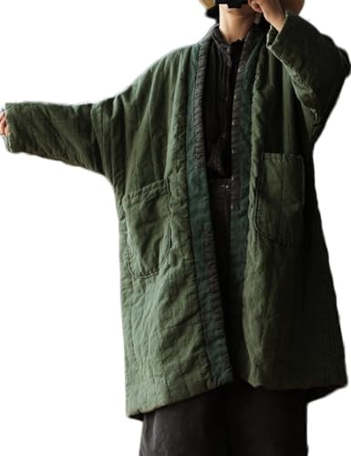 NFYM Women's Quilted Knee Length Coat Open Front Kimono Style Jacket Handmade Threading Outwear for Winter (US, Alpha, One Size, Regular, Regular, Green)