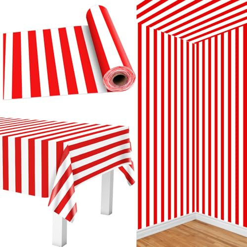 Rouleau de Nappe de Carnaval de 30 m de Long - Rayures Rouges et Blanches - Nappe en Plastique Rouge - Décorations de fête sur Le thème du Carnaval - pour Anniversaire, soirée cinéma