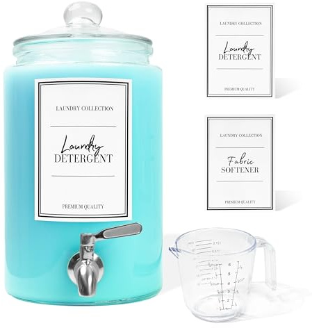 Large 1 Gallon Laundry Liquid Detergent Dispenser with Spigots and Measuring Cups, 4L Laundry Soap Holder Organizer for Fabric Softener, Soap, Glass Containers for Room Organization Storage (1 Pack)