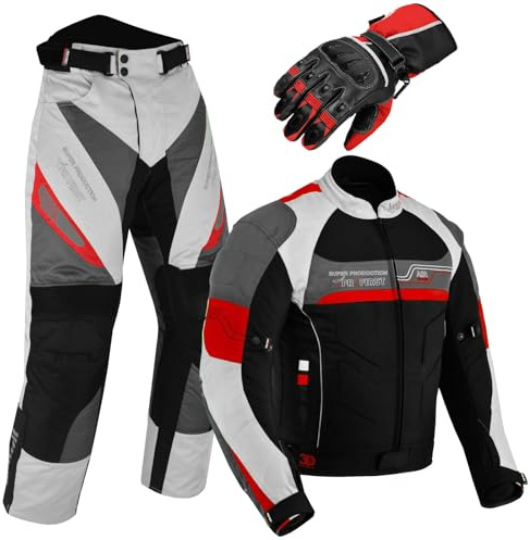 Fully Protective Motorbike Suit With Gloves Waterproof 2 Piece Full Suit in Cordura Fabric and CE Approved Armours - Jacket+Trouser+Glove All Season (Red, XL - 42 Chest / 36 Waist + Free Gloves)