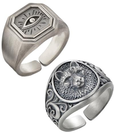 2 Stück Ring herren, Ringe herren, Männer ringe, Ringe herren silber, Herren ringe, Rocker outfit herren, Edelstahl Ringe Für Herren, Siegelring (Wolfskopfring + Dämonenaugenring)