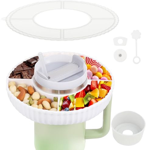 Leerweii Snack Tray with Lid for Stanley Cup 40oz, Silicon Snack Bowl Stanley Cup Accessories with Spill Stopper Set & Straw Cover Cap & Bottom Boot, Fits 40 oz Quencher H2.0 (White)