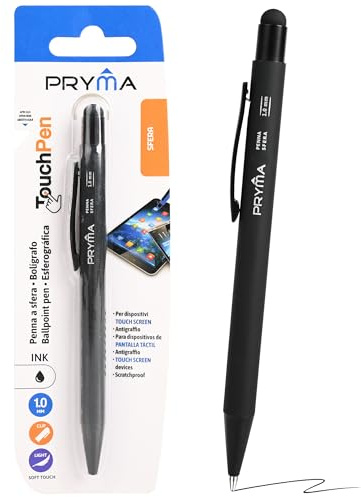 Pryma Penna a Sfera Touch Screen 1 mm – Penna con Gommino Touch per Smartphone e Tablet, Scrittura Scorrevole, Design Elegante per Ufficio, Scuola e Casa (Nero)