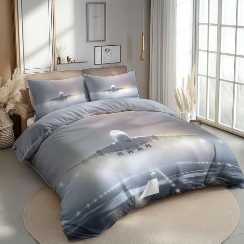 CozyRest Bettbezug Set mit 2 Kissenbezug Grau Bettwäsche Set für Jungen Mädchen Teenager, Flugzeug Bettbezug 155 x 220 cm 3-teiliges Set Anti-Pilling Farbecht, Hypoallergen