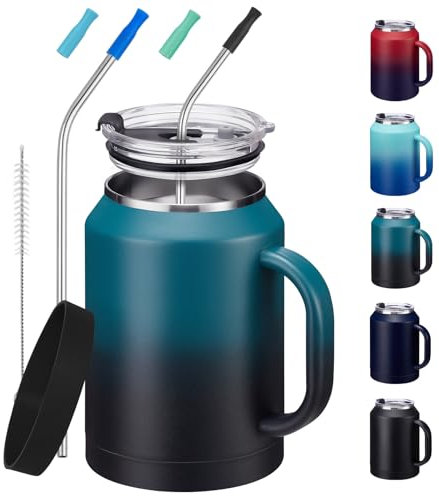 BENZZO 50 OZ Mug Tumbler with Handle and Straw, Large Travel Coffee Mugs for Keep Cold 36 Hrs Hot 24 Hrs, Leak-proof Insulated Stainless Steel Water Bottle - Gift for Women Men Him Her