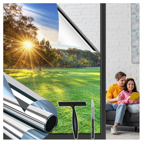Niviy Silber Spiegelfolie Einseitig Fensterfolie Blickdicht von Außen, 44,5x300cm Sichtschutz Fensterfolie Sonnenschutz Hitzeschutzfolie Anti-UV Selbstklebend Rückstandslose Folie