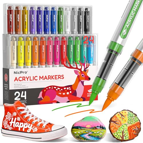 Nicpro Acrylstifte mit Pinselspitze, 24 Farben Acrylic Marker, wasserbasiert auslaufsicher Marker Set mit automatischer Tintenregulierung, wasserfest, ideal für Stein, Holz, Glas, Keramik, Textil