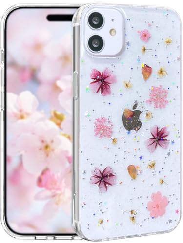 Efitoo for iPhone 11 Case Clear Glitter with Flowers Design Real Dried Pressed Floral Sparkle Cherry Blossom Cute Soft Slim Aesthetic Shockproof Protective Girly Women Girls Phone Cover (Pink)