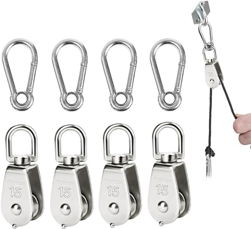 8 Stück Flaschenzug Set Enthalten 4 Stück Umlenkrolle M15 & 4 Stück Karabiner M4,Umlenkrollen aus Edelstahl,Seilrolle Umlenkrolle,Umlenkrollen für Seile,Umlenkrolle Stahlseil,für Seile Edelstahl