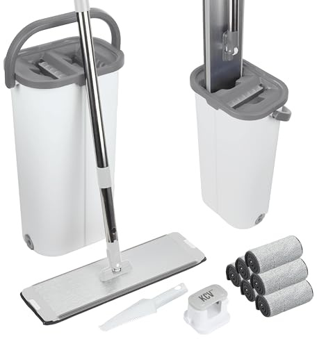 KCVONLINE Mopa XL 39 cm con Cubo Escurridor, Más Ancha Que Estándar (32 cm), Limpieza Rápida, Acabado en Aluminio, Incluye Clip de Pared con Ventosa, 6 Almohadillas, Mango INOX – Gris
