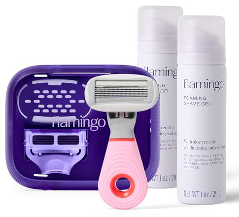Flamingo Travel Razor Kit for Women - Body & Pubic Razor - Mini Handle, 2 Blade Refills, 2 Travel Size Foaming Shave Gels & Vented Case - TSA Approved Essentials