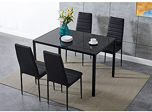 Panana Dining Table and Chairs, Set of 4. Tempered Glass Dining Table with 4 PU Leather Dining Chairs. Dining Room Table Sets for Home and Kitchen Furniture (Black, 105x60x75cm)