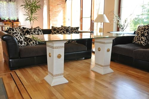 Argo Decor Tisch mit Säulen, antik, goldfarbene Ornamente, rechteckige Glasplatte, H 0,7 m