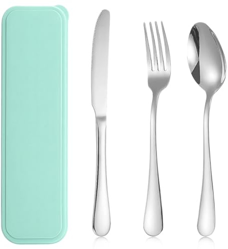 KIRZAX Couverts de Camping, 3 pcs: Couteau, Cuillère & Fourchette,Portables Ensemble de Couverts en Acier Inoxydable avec étui Portable, Passe au Lave-Vaisselle, pour Voyage Camping Bureau (Vert)