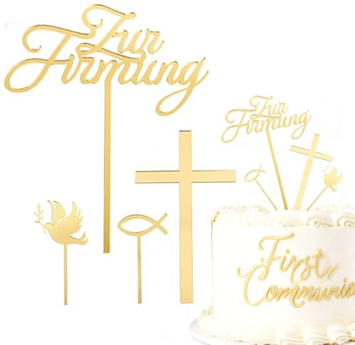 Zur Firmung Cake Topper Kreuz Zur Firmung Tortendeo Acryl Gold Kuchen Topper Fisch Kommunion Cupcake Topper Mädchen Junge Gender Reveal Kuchenaufsatz Tortenstecker Babyshower Kuchen Dekoration