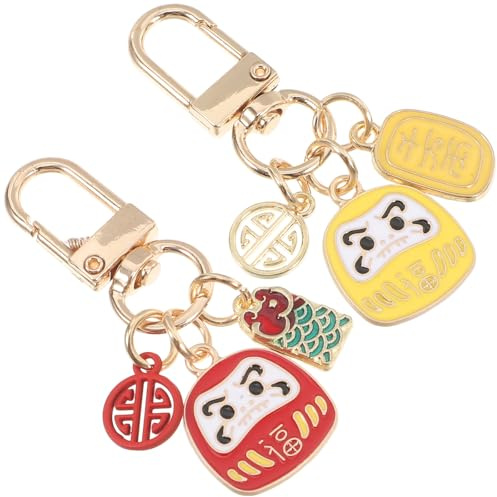 BESTTONZON Llavero Daruma Japonés 2 Piezas, Muñecos Cerámica Colgantes para Bolsos, Mochilas, Amuletos Suerte, Rojo Amarillo Adorno