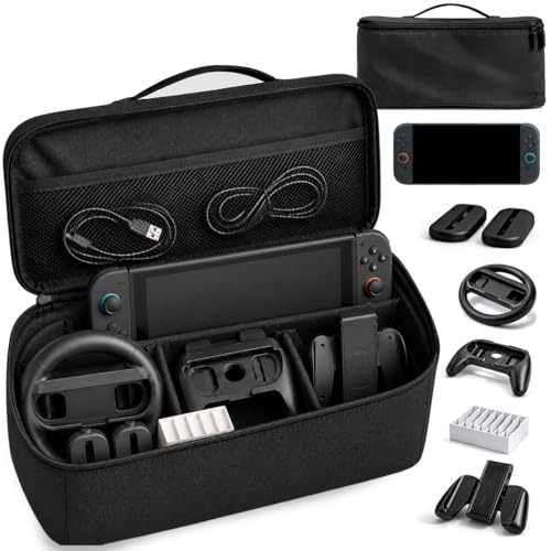 Kurora Komplettes Switch 2 Zubehörpaket – Gaming-Reisetaschen-Kit mit Controller-Griffen, Lenkrad und Spielkartenhalter (schwarz)