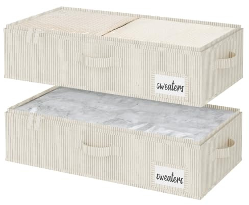 StorageWorks Unterbett Aufbewahrung, große Unterbett Aufbewahrungsbox mit Deckel Stoff, faltbare Unterbettkommode für Kleidung, Decken und Schuhe, Organizer-Bettkasten, grau-weiß gestreift, 2 Stück