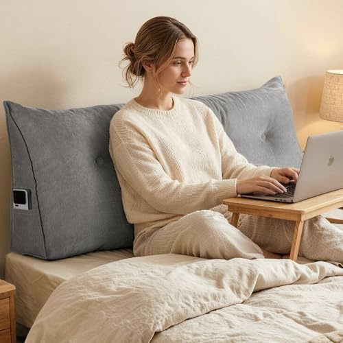 Treeboy Keilkissen Wandkissen Bett Kopfteil Bezug Sofakissen Rückenkissen | lesekissen für bett und sofa matratzenkeil couchkissen Lumbalstütze wedge pillow mit Seitentasche, Grau, 70 * 50 * 20cm