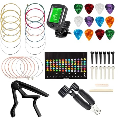 JINWEE Guitar Accessories Kit Including acoustic Guitar Strings, tuner, capo, 3-in-1 restring tool, picks, bridge pins, guitar nuts saddles and Fretboard Stickers(48 Pcs)