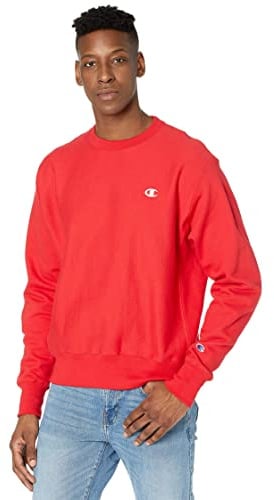 Champion Men's Crewneck, Reverse Weave, Heavyweight Fleece Sweatshirt, Team Red Scarlet Left Chest C, XS