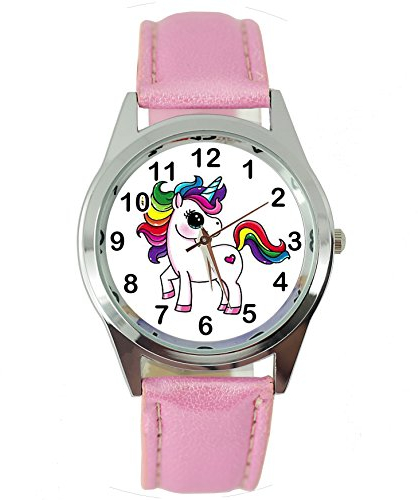 Taport® Montre à quartz E2 avec bracelet en cuir rose et motif licorne sur le cadran - avec pile de rechange et pochette cadeau incluses