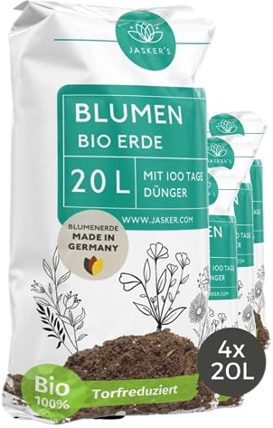 Bio Blumenerde 80 L (4x20L) mit Dünger - Erde für Pflanzen - Torfreduzierte Pflanzenerde aus 100% natürlichen Rohstoffen für kräftige Blumen - Universalerde für Pflanzen
