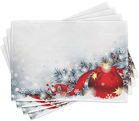 ABAKUHAUS Weihnachten Platzmatten, Schneekugeln, Waschbare Stoff Esszimmer Küche Tischdekorations Digitaldruck, Weiß Rot