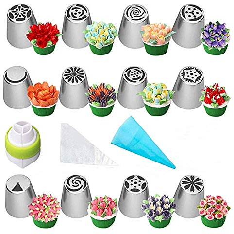 nadamuSun Set di Punte per tubazioni Russe, Kit di Forniture per Decorazione Cupcake 24 Pezzi, ugelli di glassa a Forma di Fiori, Sacchetti di glassa e Punte Forniture di Cottura (24Pcs)