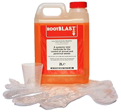Rootblast Home & Garden Glyphosate Weedkiller | Commercial Strength Weed Killer | Treats up to 3332 sq.m | 2 x 1 Litre Bottle + Complimentary Measuring Cup & Gloves, White