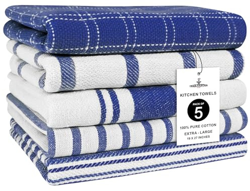 Trade Fountain Tea Towels - Pack of 5 Tea Towels for kitchen Accessories - 50 X 70 CM Kitchen Towels - Extra Absorbent Dish Cloth - 100% Pure Cotton (Blue)