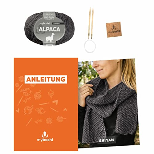 myboshi Strickset Schal Shiyan, inkl. Alpaca Wolle, Nadel und Anleitung, für Oberbekleidung, Strickpaket, 10% Alpaka, 25% Schurwolle Grau mit Rundstricknadel