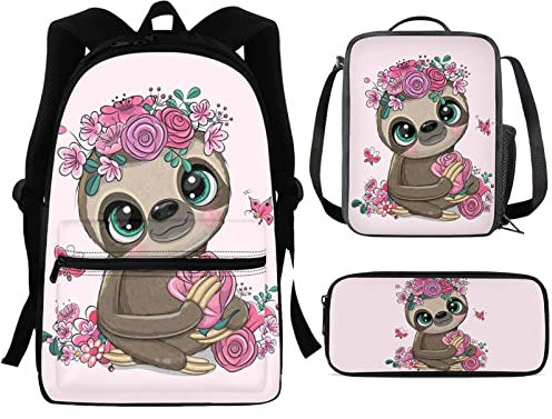 HUIACONG Schultasche Lunchtasche und Stifteetui für Jungen Mädchen Erwachsene Kid Rucksack Set, Faultier Blume pink, M