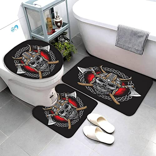 AOLIGL Badezimmermatte Set Vintage Wikinger 3D Drucken Wikinger Axt Schwert Speer Teppich Badezimmer Badgarnitur 3teilig Mikrofaser Bath mat U-förmigen Contour Matte- WC Vorleger 40 x60