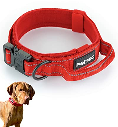 PetTec Hundehalsband aus Neopren & Nylon, Halsband mit Griff für kleine & große Hunde weich gepolstert (S-XL), äußerst robust & wasserabweisend, verstellbar, Set Halsband & Schleppleine, rot