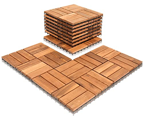 Tubiaz Holzfliesen balkon bodenbelag,1m²holzfliesen balkon,30x30 cm,Akazienholz Terrassenfliesen,Gartenfliesen für Garten Terrasse Balkon Patio,Leicht verlegbar,wetterfest-(11 Stück-12 Latten Fliese)