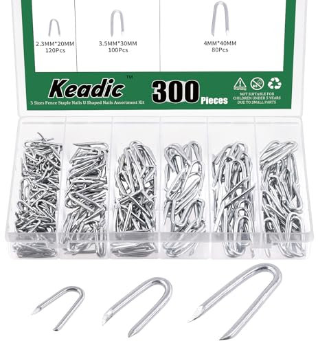 Keadic 300Pcs Steel Wire Fencing Staples Assorted Set, 20mm 30mm 40mm Length Galvanized U-Shaped Fasteners Nails for Wire Mesh and Woven Fencing