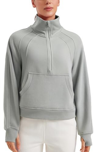 CRZ YOGA Women's Fleece Lined Half Zip Sweatshirt Soft Pullover Funnel Neck Long Sleeve Pockets Jumper Shirt with Thumb Holes Sterling 8