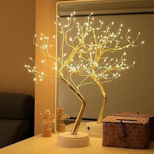 XhuangTech Bonsaï lumineux de table avec 108 LED en fil de cuivre, fonctionne avec piles/USB, lampe d'arbre artificiel pour chambre à coucher, bureau, fête de Noël (blanc chaud – branche dorée)