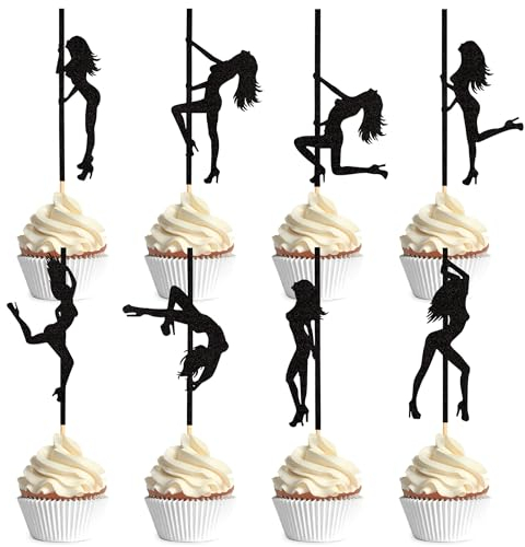 Blumomon 32 Stück Pole Dancing Cupcake Toppers Schwarz Glitzer Pole Dancers Kuchen Dekorationen Picks Pole Dancers Cake Topper für Junggesellinnenabschied Brautparty Geburtstag Party Kuchen