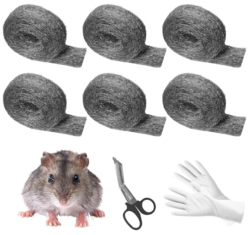 Cynrikah Mäuse Stahlwolle 20m, 6 Rollen Maus Stahlwolle 000 Rattensichere Stahlwolle Gegen Mäuse Ratten stahlwolle mit Schere Handschuhe Löcher Stopfen Wand gegen mäuse im Garten/Haus/Garage