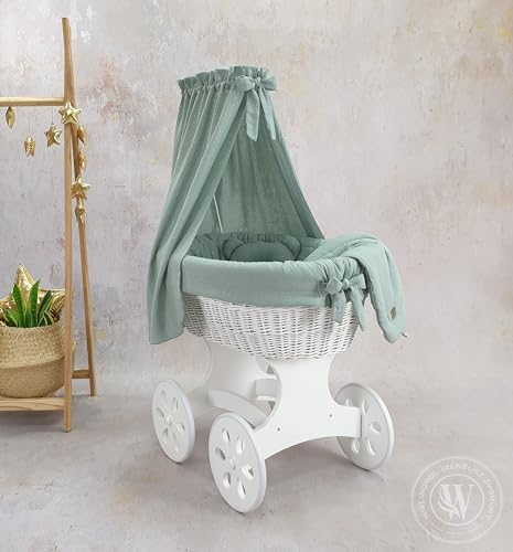 Moseskorb weiß mit Gestell und Matratze mit Baldachin und Bettwäsche (Khaki/Grün)