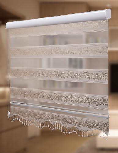 PlisseeOnline Doppelrollo Duorollo mit Alu Kassette und Motiv Rankenmuster und Perlen Breite: 160 cm Höhe: 200 cm Blickdicht Deckenmontage Freihängend Deckenmontage Zebra Perde Mit Motiv Gold/Beige