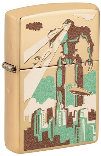 Original Zippo Lighter - Robots in the City, Polished Brass (Gold)