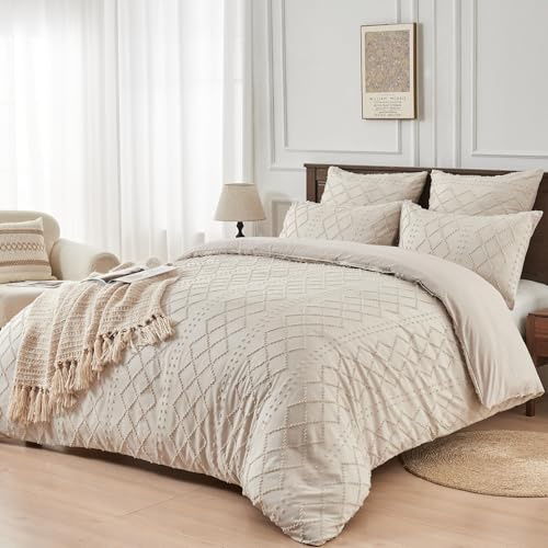 YASMENG Bettwäsche Boho 200x200 Beige Getuftet Geometrisch Kariert Bettwäsche Boho Böhmisch Aesthetic Modern Weiche Mikrofaser Bettbezug Set 3 Teiligt mit Reißverschluss und 2 Kissenbezüge 80x80 cm