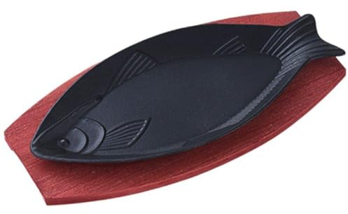 Steak Fry Plate Fish Shaped Grill Pan Cast Iron Skillet Hot Plate Camping Griddles Cookware with Wooden Base for Home Restaurant