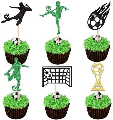 Xsstarmi 24 Pack Soccer Cupcake Toppers Glitter Football Sports Cupcake Picks Football Goal Game Trophy Cupcake Decorations for Baby Shower Boys Birthday Party Cake Decorations Green