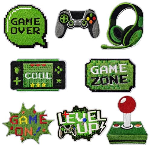 Aufnäher zum Aufbügeln für Videospiele, Grün, Pixel, Gaming, bestickt, Reparaturflicken, Bastelzubehör, Geschenke für Kinder, Jungen, Gamer, Fans, Enthusiasten, Kleidung, Rucksack, Mütze, 8 Stück